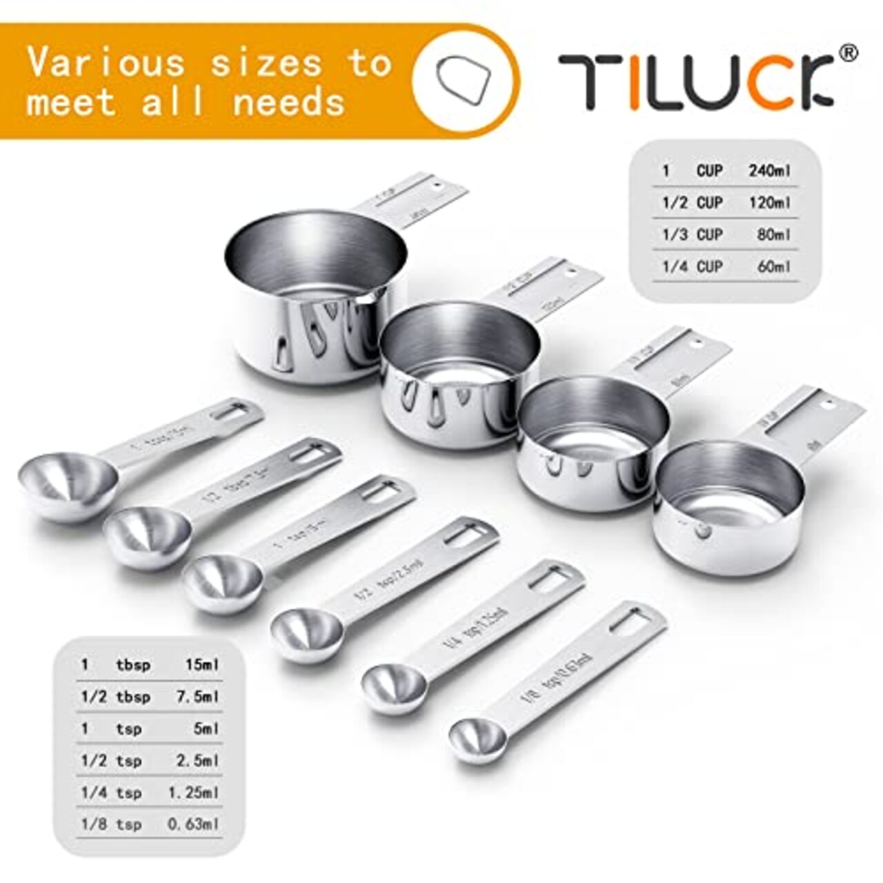 Stainless Steel Measuring Cups & Spoons Set, Cups and Spoons,Kitchen Gadgets for Cooking & Baking (Medium)